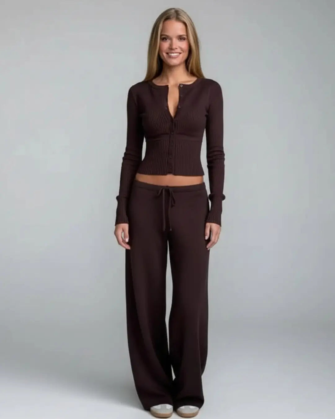 Ensemble Cocoon Vénaska — Gilet Court & Pantalon Fluide-Brun-