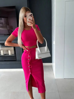 Ensemble Crop Top et Jupe Midi Priscille - Rose / XS