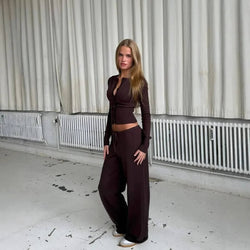 Ensemble Gilet Crop et Pantalon Fluide Elanée - Brun / 34