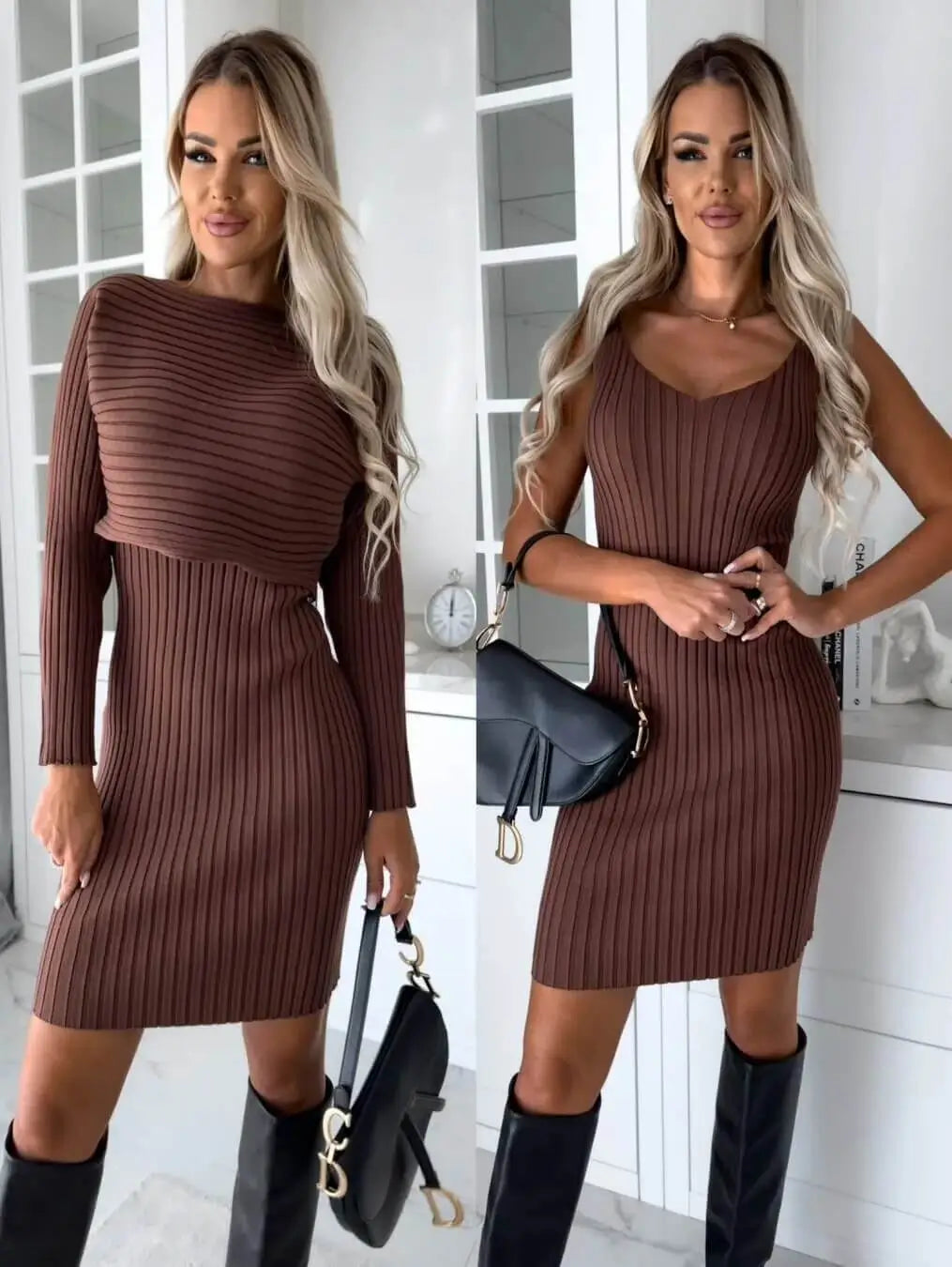 Ensemble Robe Midi et Pull en Maille Calypso-Marron-