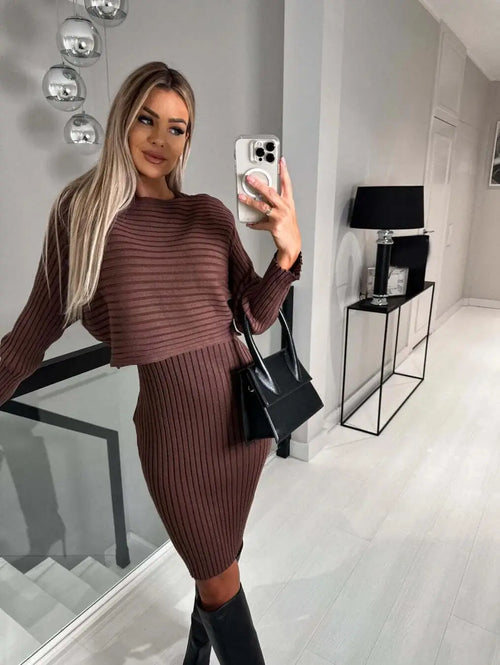 Ensemble Robe Midi et Pull en Maille Calypso - Marron / XS