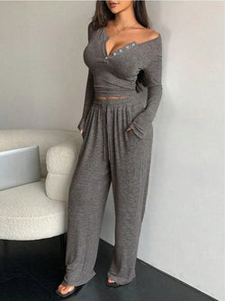 Ensemble Top Manches Longues et Pantalon Large Daryne - Gris / 34