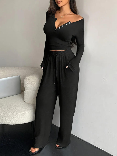 Ensemble Top Manches Longues et Pantalon Large Daryne - Noir / 34