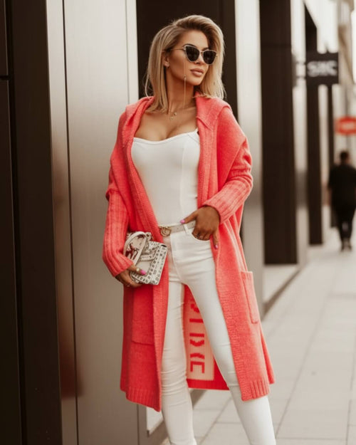 Gilet Long en Maille à Capuche Luvalie - Corail / 34