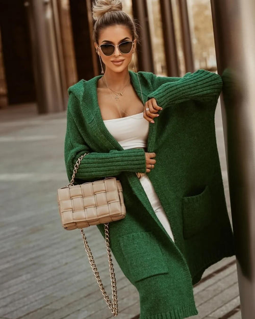 Gilet Long en Maille à Capuche Luvalie - Vert / 34