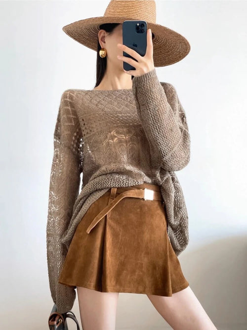 Jupe Courte Évasée en Cuir Véritable Élégie - Brun / 34