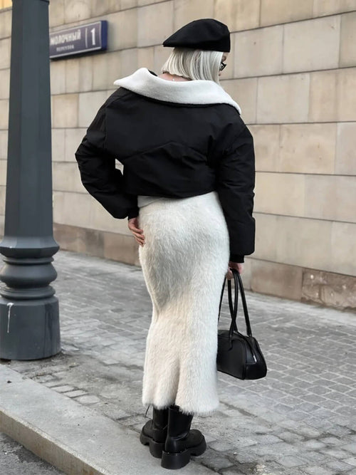 Jupe Longue en Maille Effet Fourrure Ébène