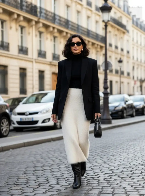 Jupe Longue en Maille Effet Fourrure Ébène
