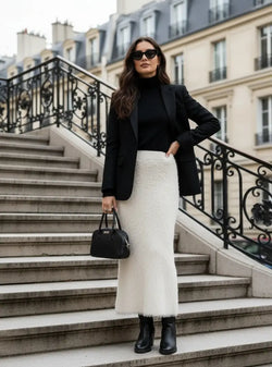 Jupe Longue en Maille Effet Fourrure Ébène - Blanc / 34
