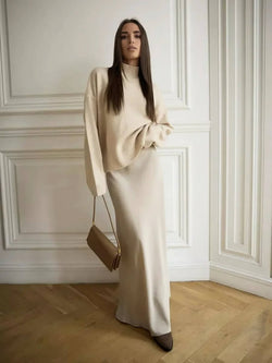 Jupe Longue Satinée Taille Haute Clarisse - Beige / 34