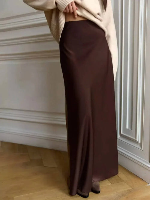 Jupe Longue Satinée Taille Haute Clarisse - Marron / 34