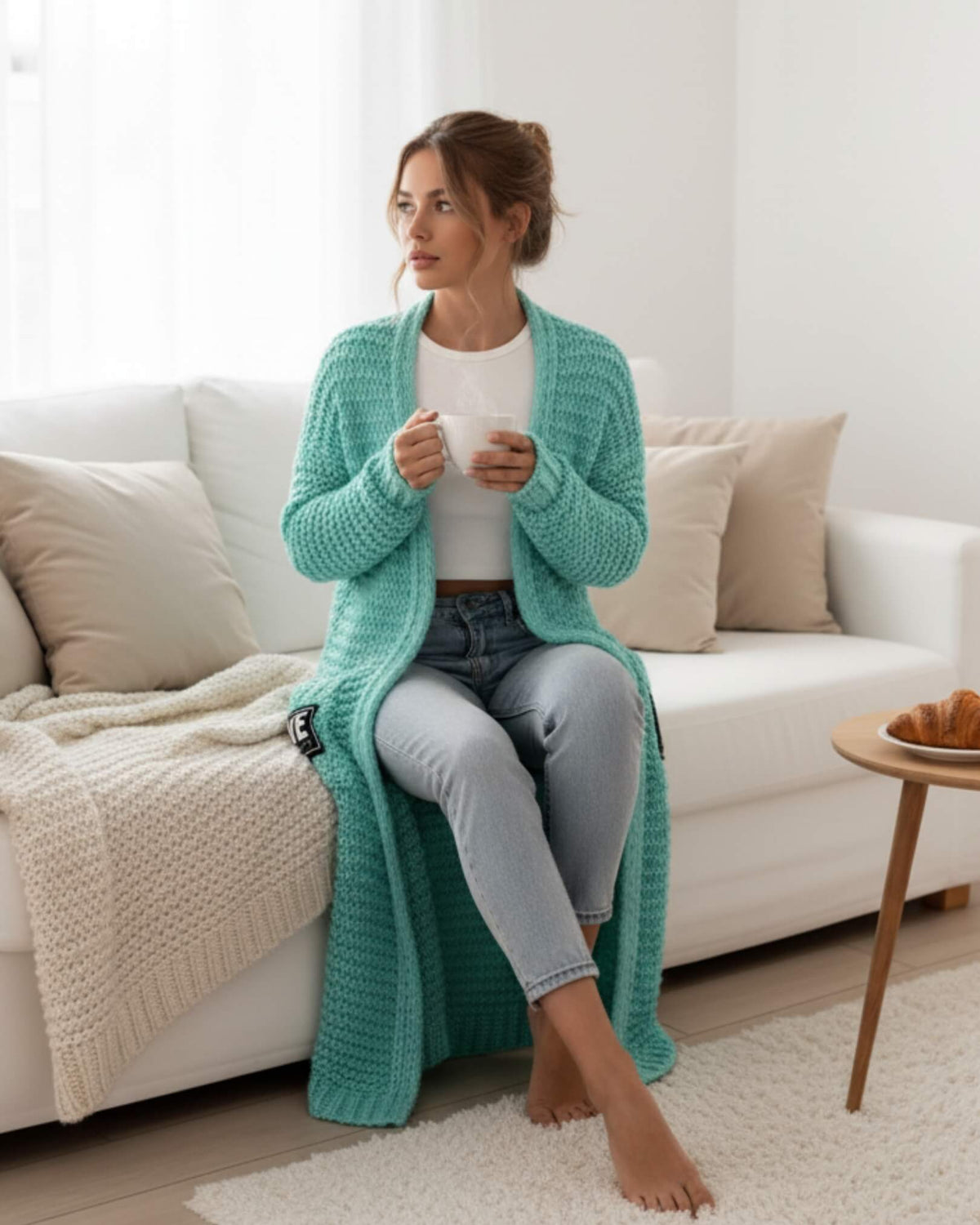 Long gilet en maille épaisse Elivra-Turquoise-