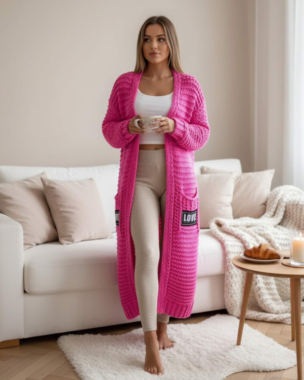 Long gilet en maille épaisse Elivra-Turquoise-