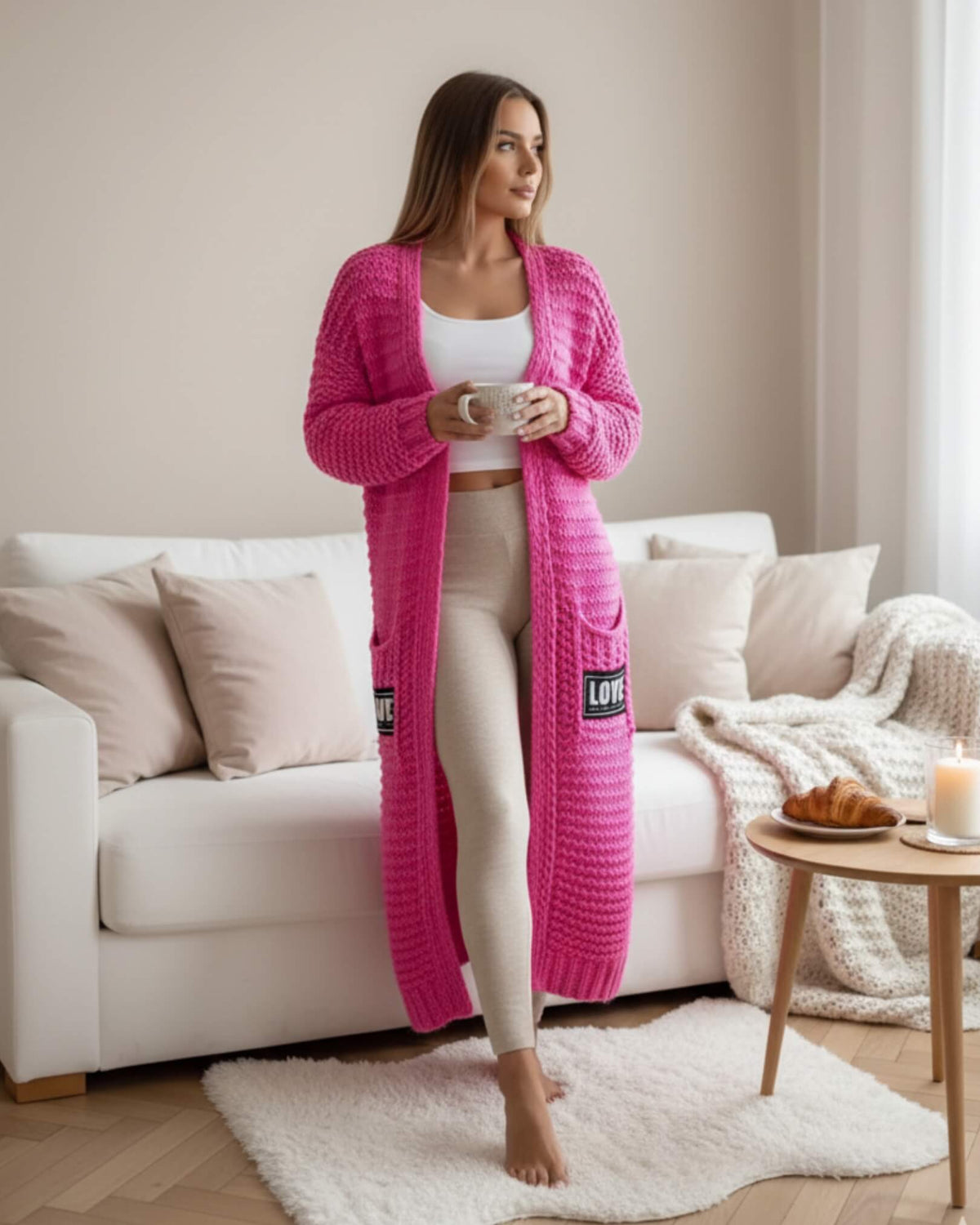 Long gilet en maille épaisse Elivra-Turquoise-