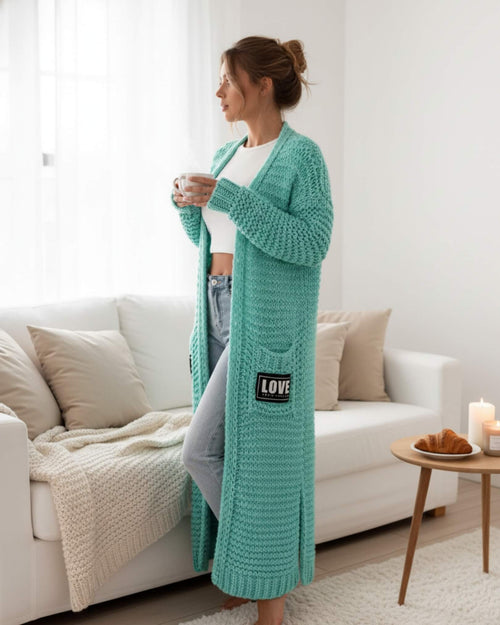 Long gilet en maille épaisse Elivra - Turquoise / 34