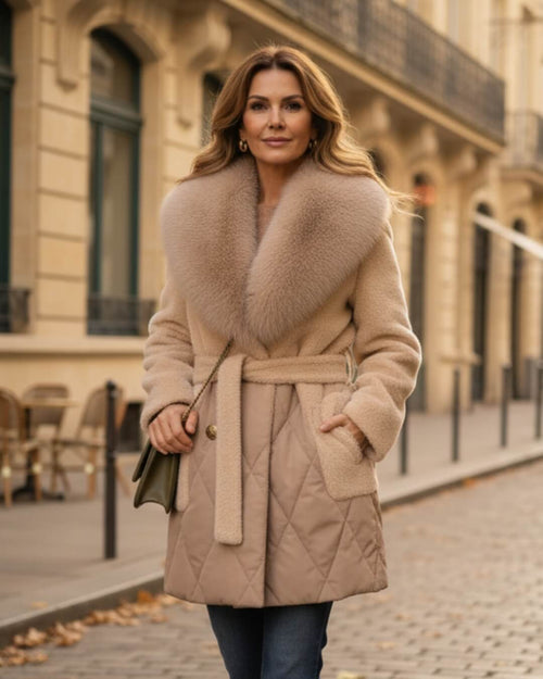 Manteau Bimatierial Fausse Fourrure et Matelassé Célyne - Abricot / 34