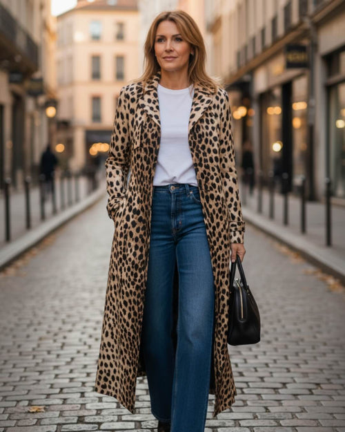 Manteau long fluide à imprimé animal Sélina