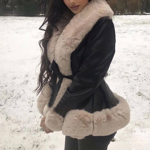 Manteau Mi-Long Similicuir et Fausse Fourrure Elvynne