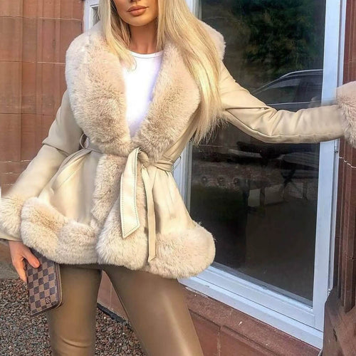 Manteau Mi-Long Similicuir et Fausse Fourrure Elvynne