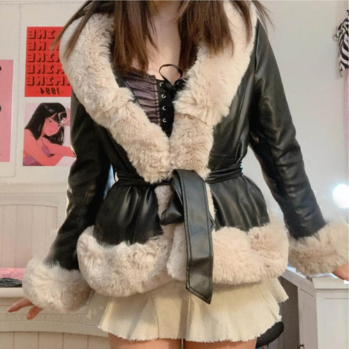 Manteau Mi-Long Similicuir et Fausse Fourrure Elvynne