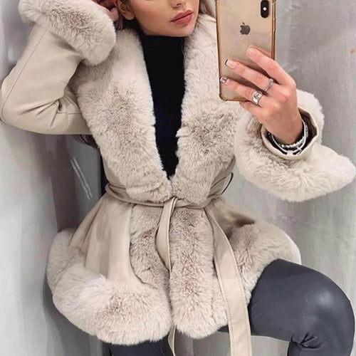 Manteau Mi-Long Similicuir et Fausse Fourrure Elvynne - Beige / 34