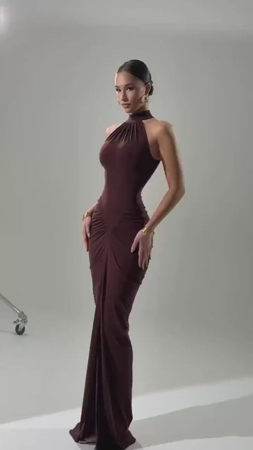 Robe Longue Fendue à Col Licou Lino