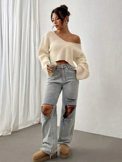 Pull Court Asymétrique en Maille Sophrine - Ivoire / 34