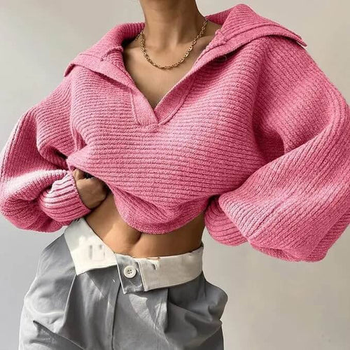 Pull Court en Maille à Col Polo Sylarie - Rose / 34