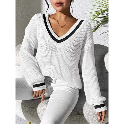 Pull en Maille à Col V Contrastant Myrise - Blanc / 34