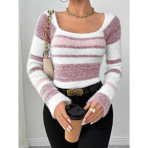 Pull Fin Rayé Col Carré Zeliane - Rose / 34