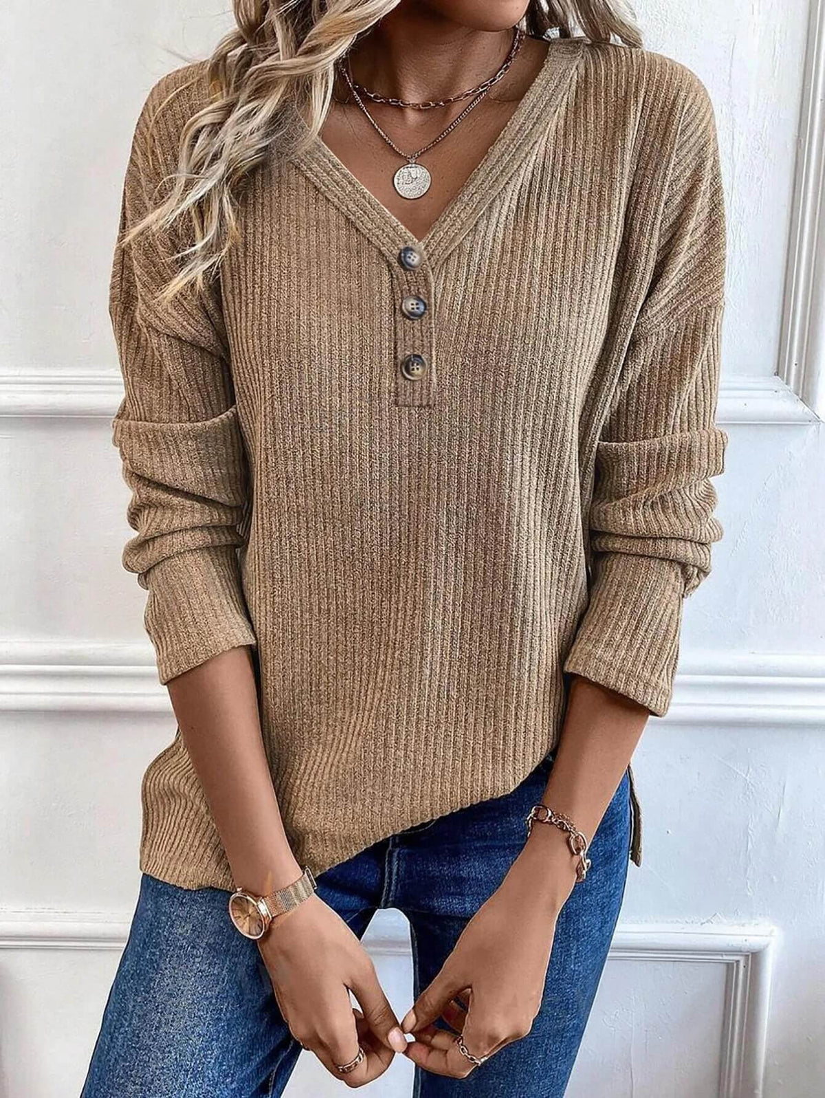 Pull Léger en Maille Côtelée Amandine-Marron-