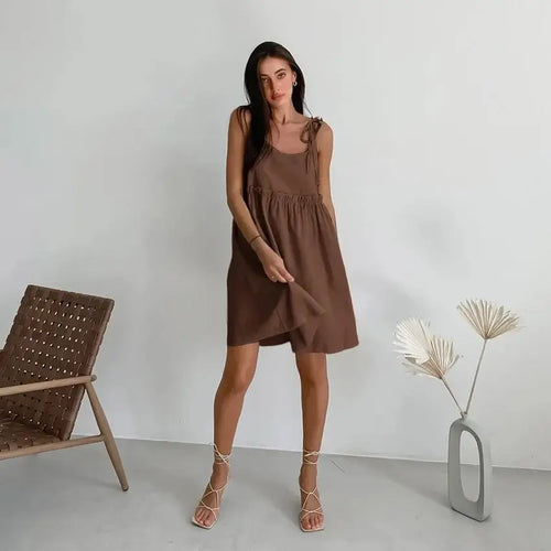 Robe courte fluide à bretelles nouées Maëlle Marron / XS