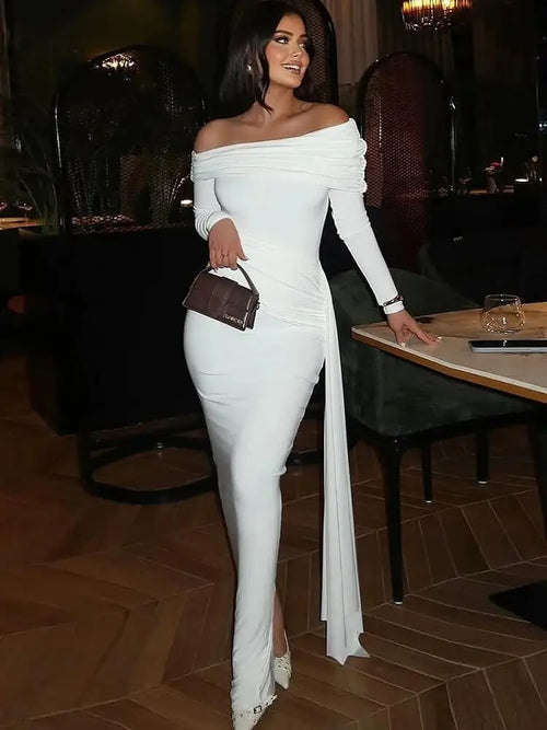 Robe Longue de Soirée à Épaules Dénudées Geneviève - Blanc / XS