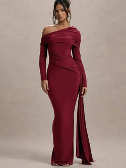 Robe Longue de Soirée à Épaules Dénudées Geneviève - Bordeaux / XS