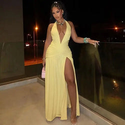 Robe longue de soirée dos nu Camille - Jaune / XS