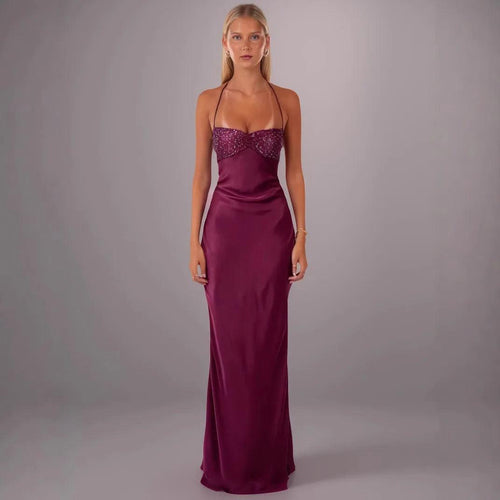 Robe Longue Dos Nu en Satin Cassis