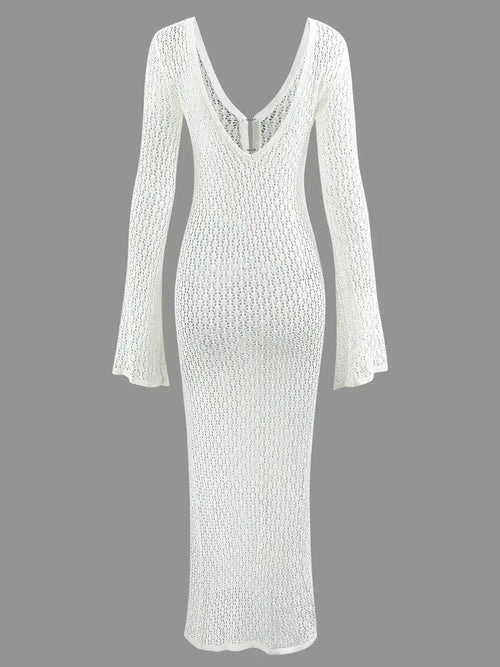 Robe Longue en Crochet à Manches Évasées Amarante
