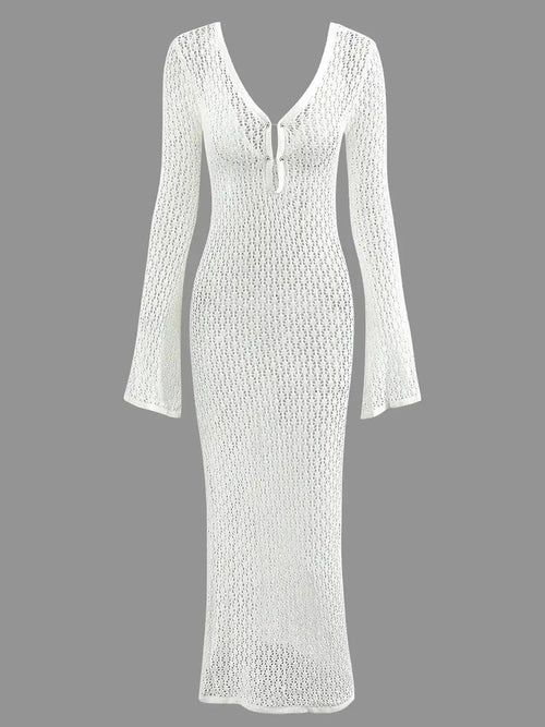 Robe Longue en Crochet à Manches Évasées Amarante