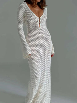 Robe Longue en Crochet à Manches Évasées Amarante