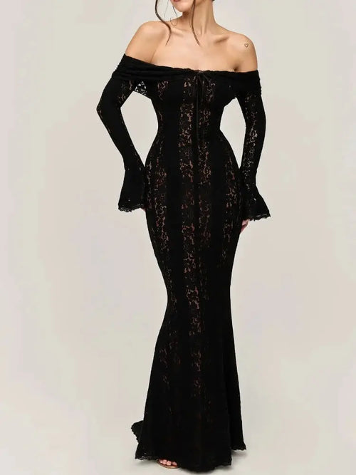 Robe Longue en Dentelle Épaules Dénudées Laetitia - Noir / XS
