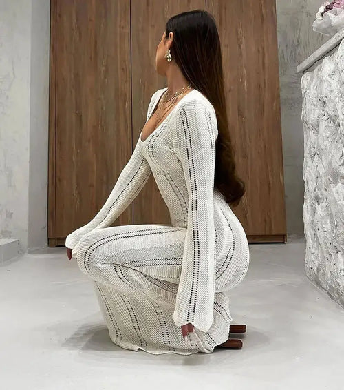 Robe Longue en Maille Crochet Myrtille