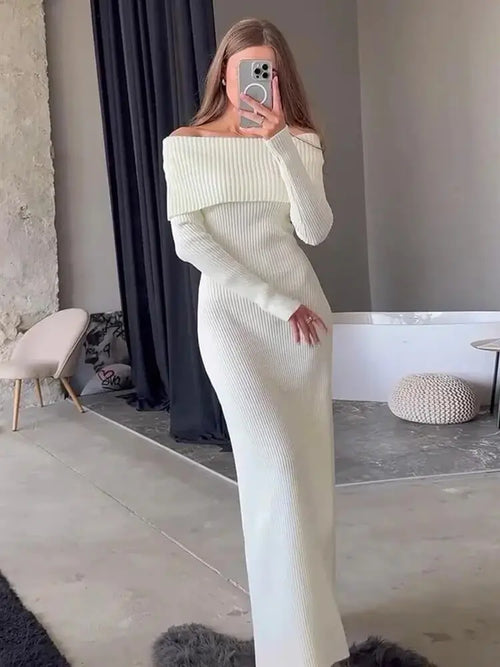 Robe Longue en Maille Épaules Dénudées Frédérique - Blanc / XS
