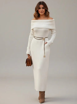 Robe Longue en Maille Épaules Dénudées Frédérique - Blanc / 34