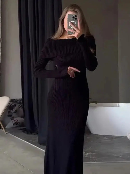 Robe Longue en Maille Épaules Dénudées Frédérique - Noir / XS