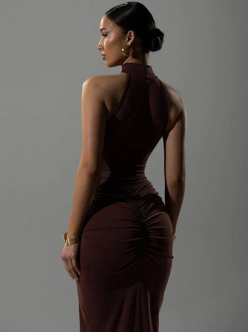 Robe Longue Fendue à Col Licou Lino