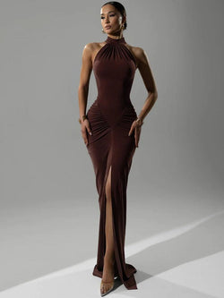 Robe Longue Fendue à Col Licou Lino