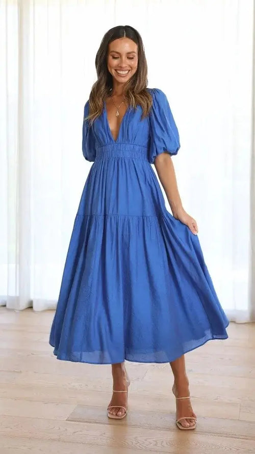 Robe Longue Fluide à Manches Bouffantes Eléonore - Ciel / XS
