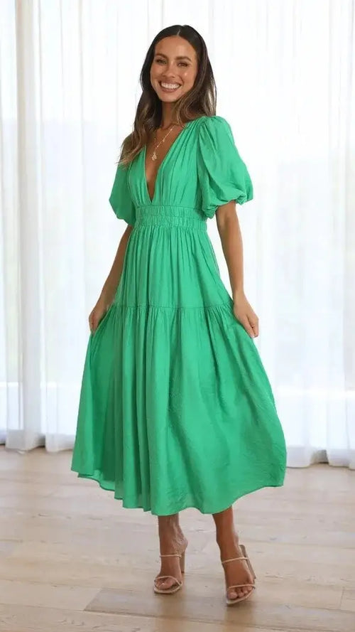 Robe Longue Fluide à Manches Bouffantes Eléonore - Menthe / XS