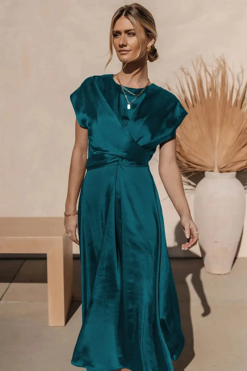 Robe longue fluide ceinturée à manches courtes Eliane
