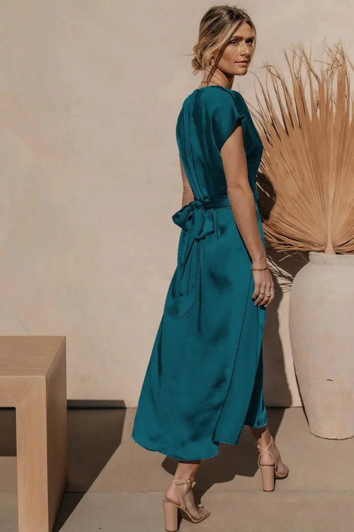 Robe longue fluide ceinturée à manches courtes Eliane